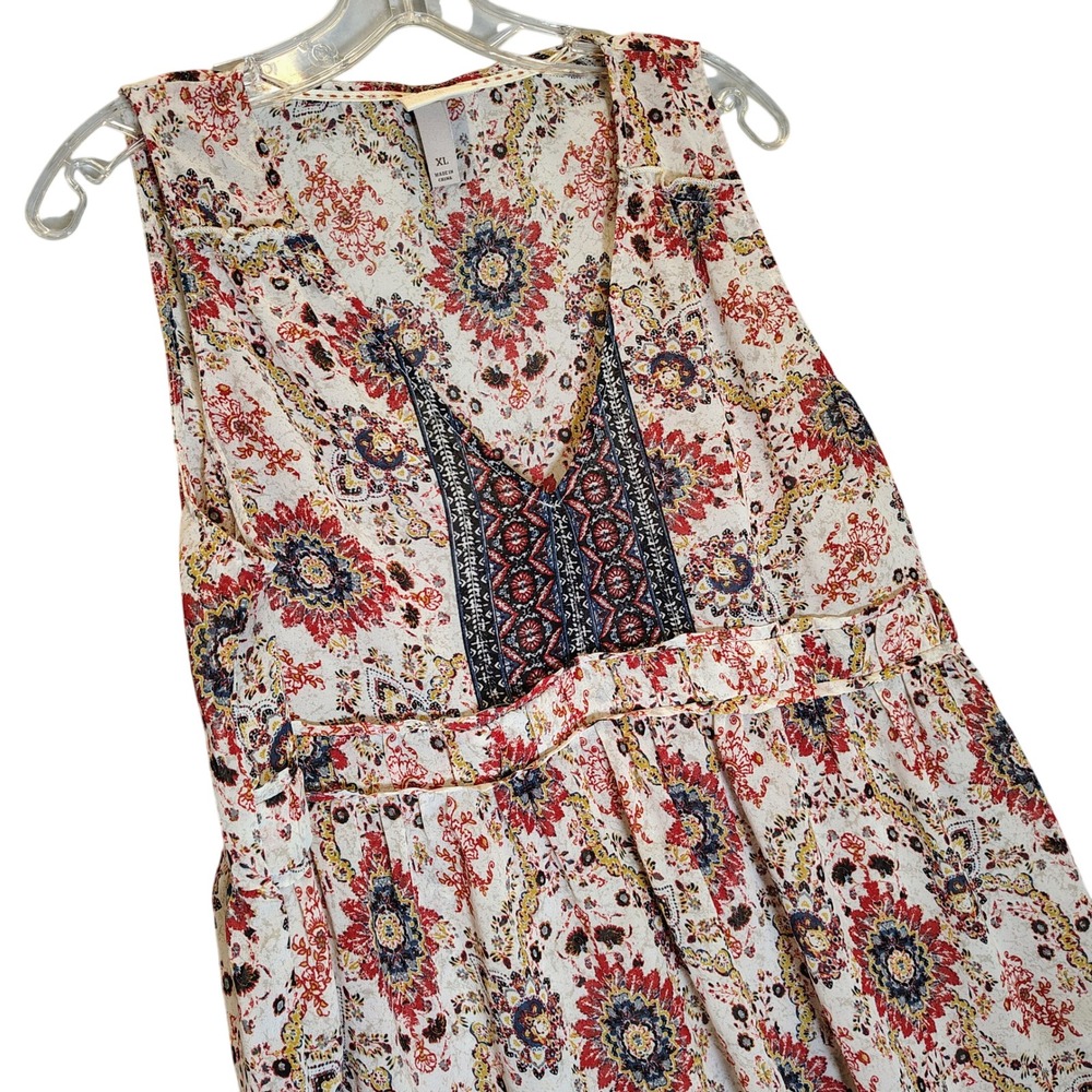Knox Rose Womens XL Red Floral Medallion Boho V-Neck Peplum sleevelessTank Top